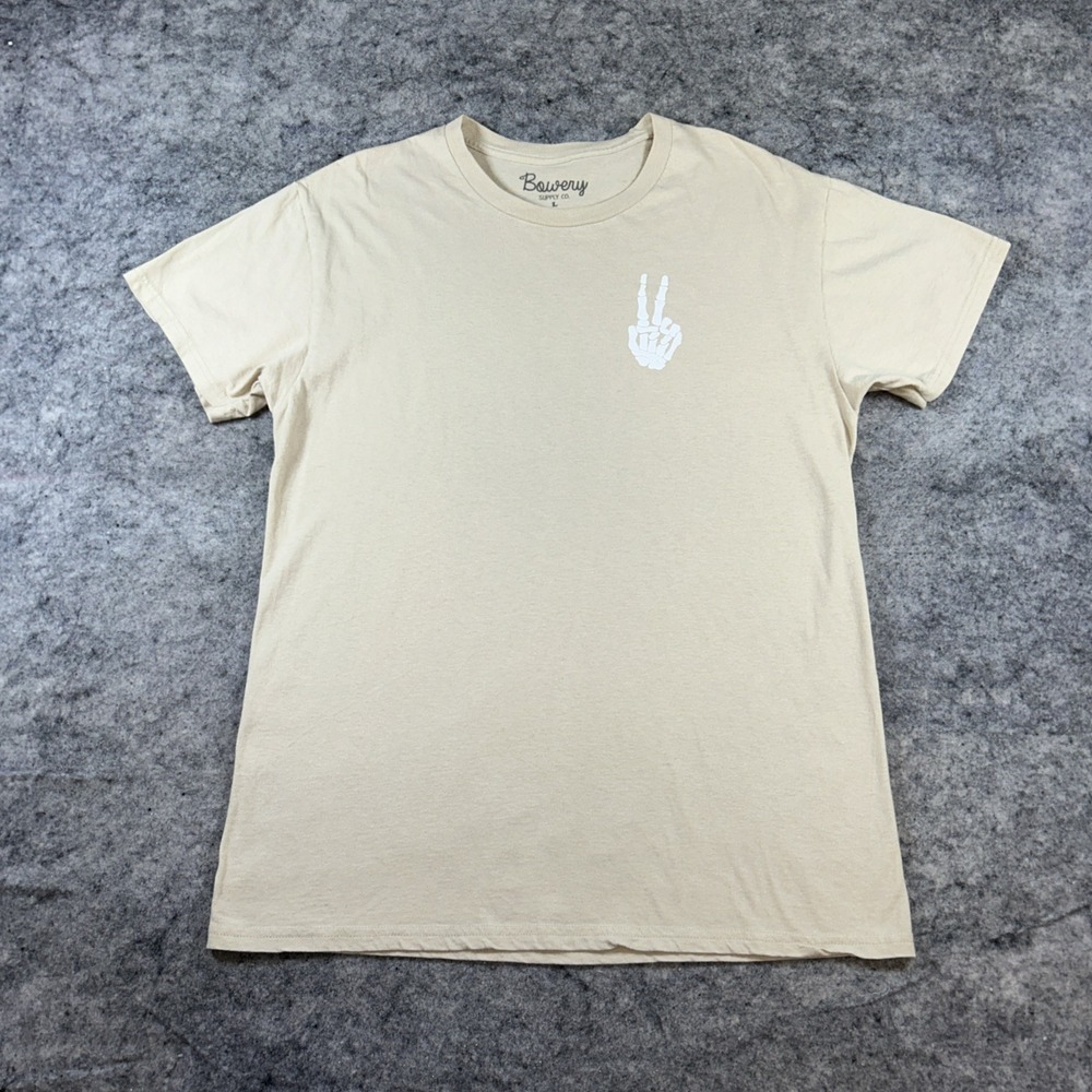 Bowery Supply Co T-Shirt Men's Large Tan Skeleton Hand Peace‎ Grunge Skater